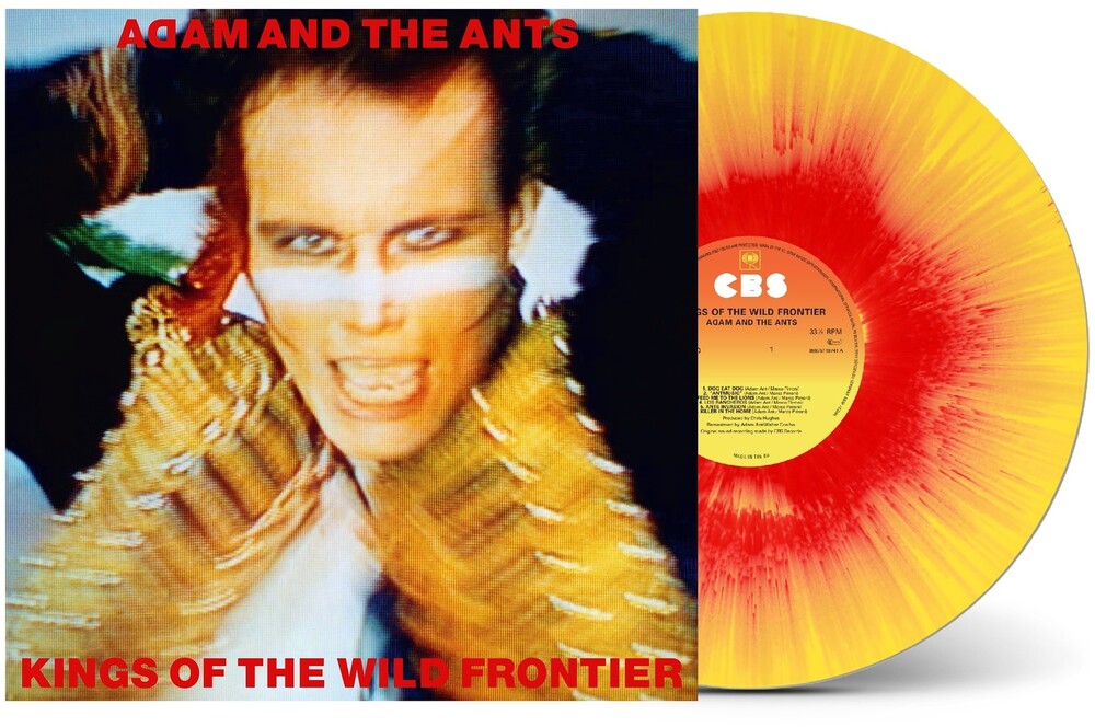 A vinyl record album shown with its cover art on the left and the record partially visible on the right. The cover features a close-up portrait with red text reading 'AGAM AND THE ANTS' at the top and 'KINGS OF THE WILD FRONTIER' at the bottom.