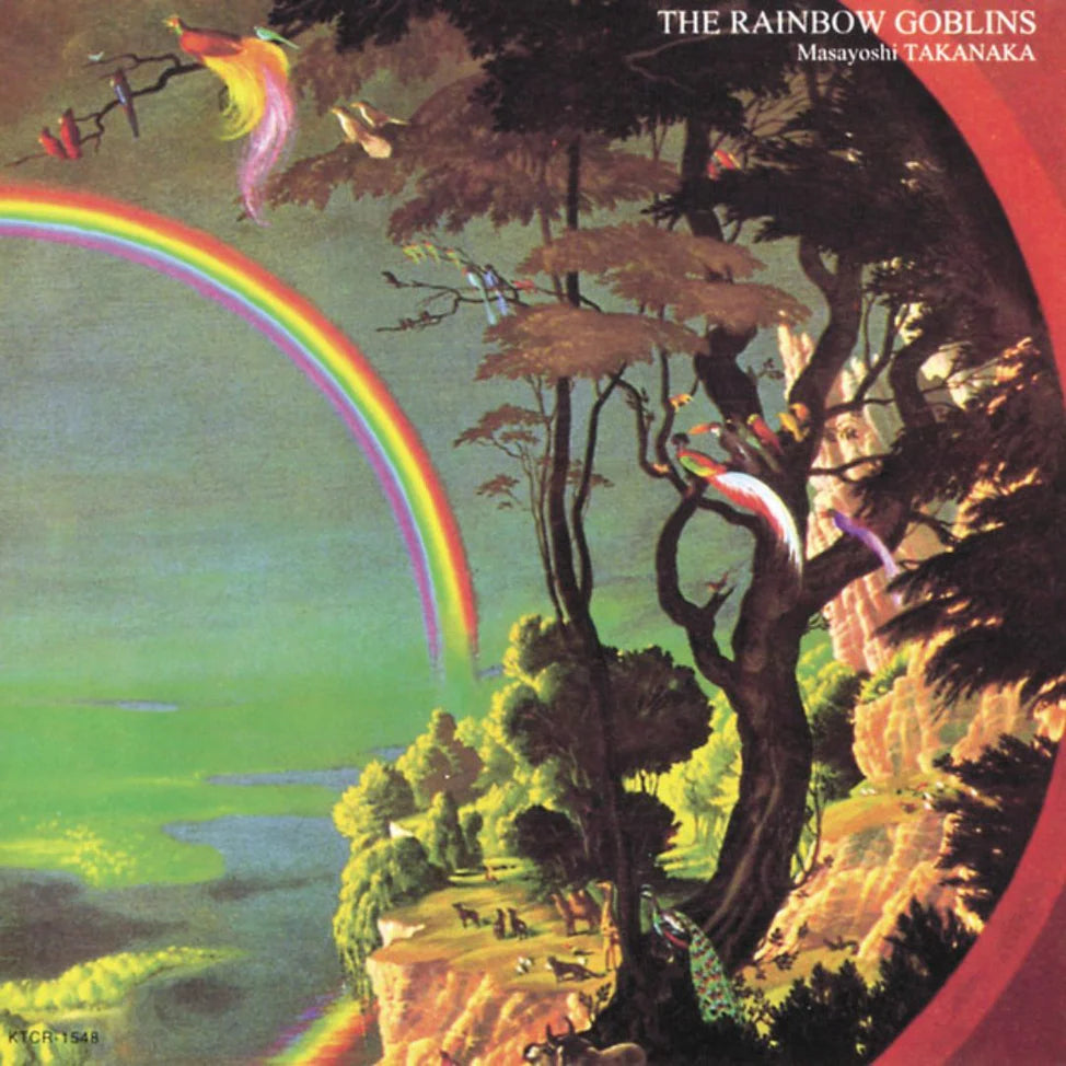 Album cover with a fantasy landscape, rainbow, and trees, featuring the text 'The Rainbow Goblins' by Masayoshi Takanaka.