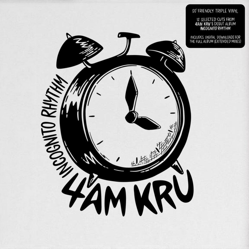 Album cover with alarm clock design and '4AM KRU' text on a white background