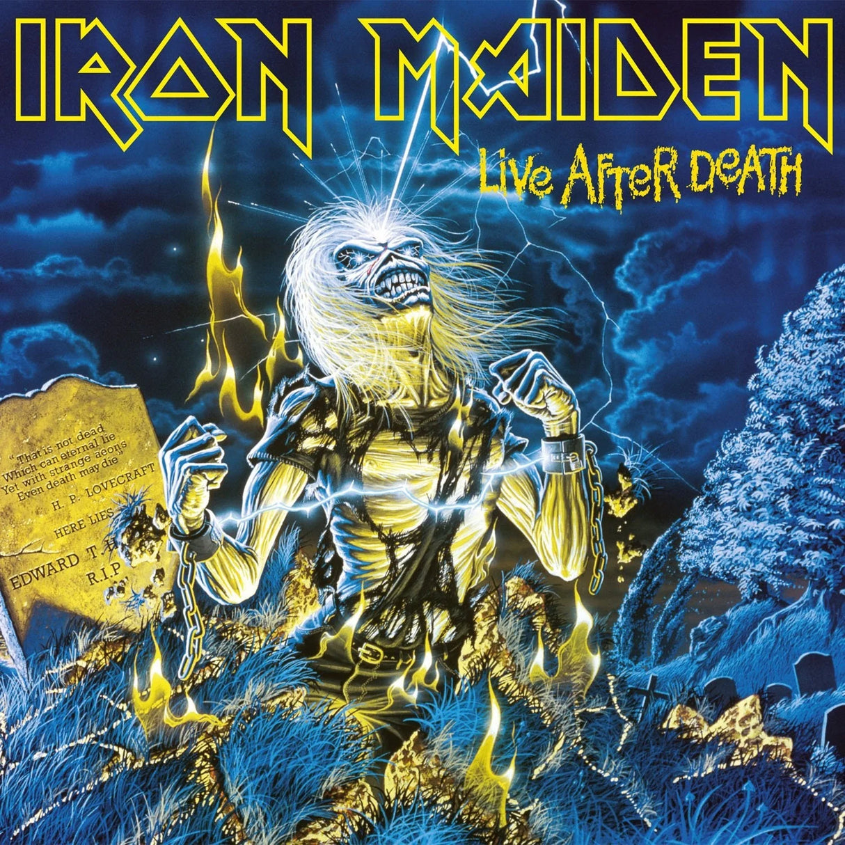 Album cover for Iron Maiden's 'Live After Death' with a skeleton holding a book in a墓地 setting.