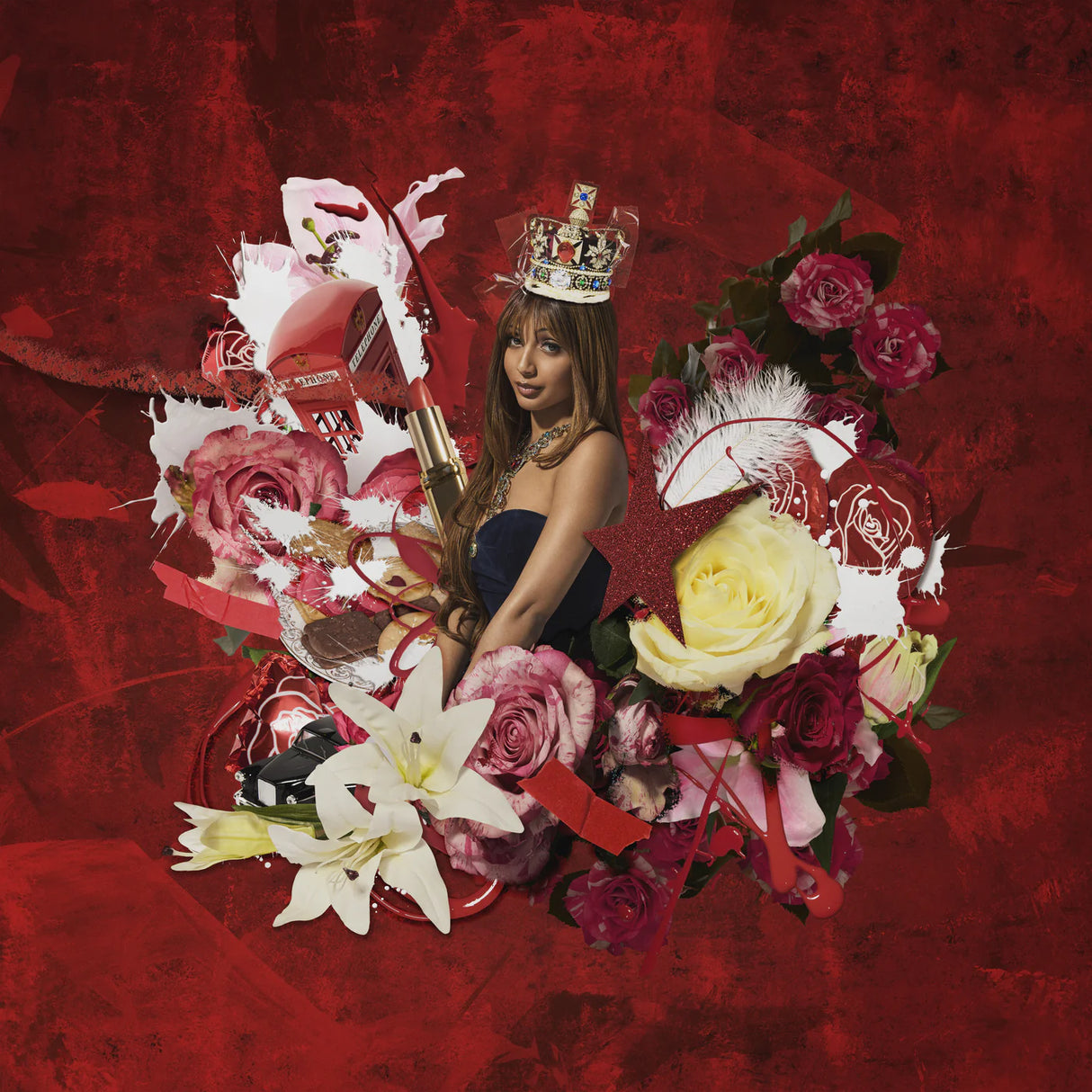 A stylized image of an album cover featuring a woman with a crown surrounded by various flowers, predominantly in shades of red and white, with a textured red background.