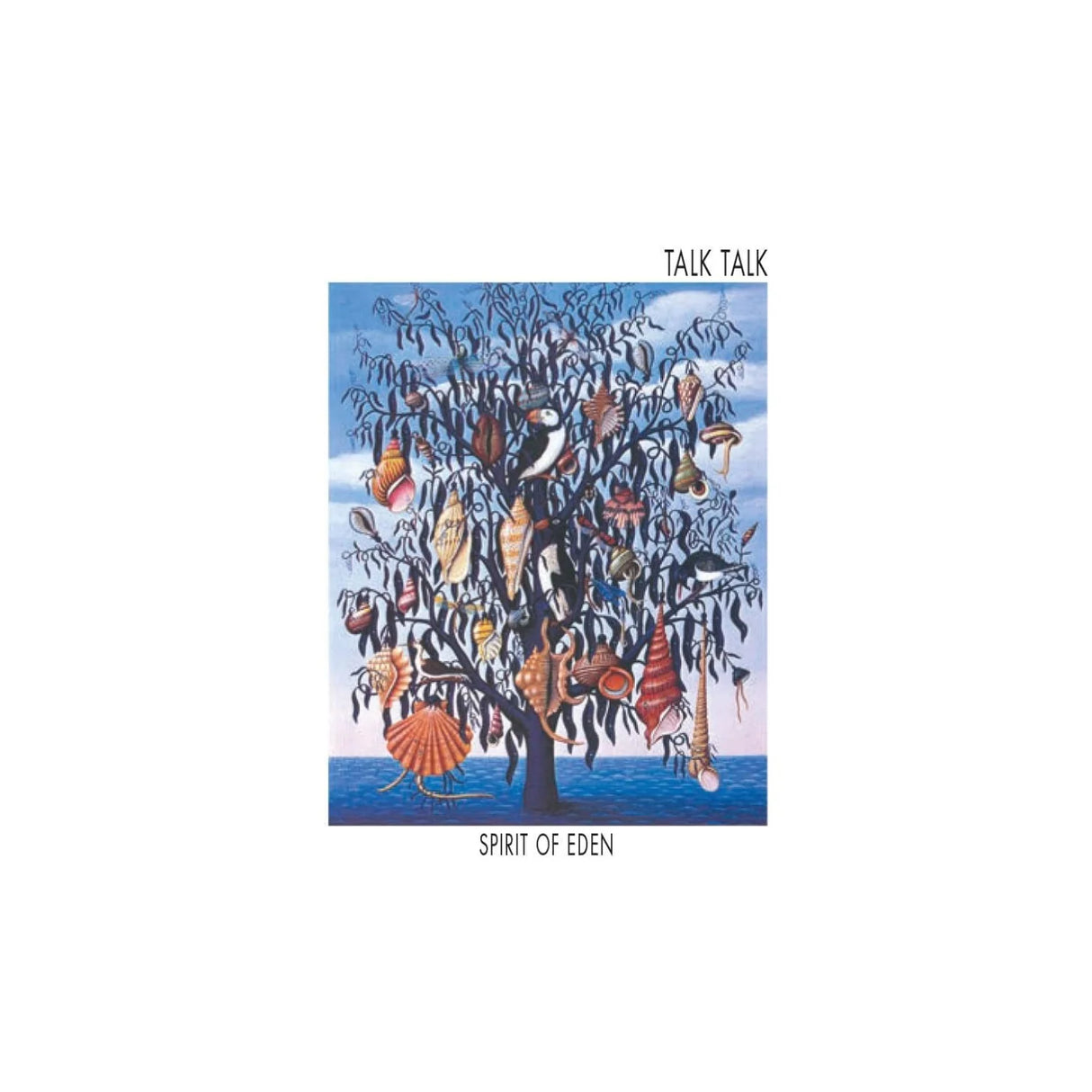 Album cover for 'Spirit of Eden' by Talk Talk with a colorful tree illustration on a blue background.