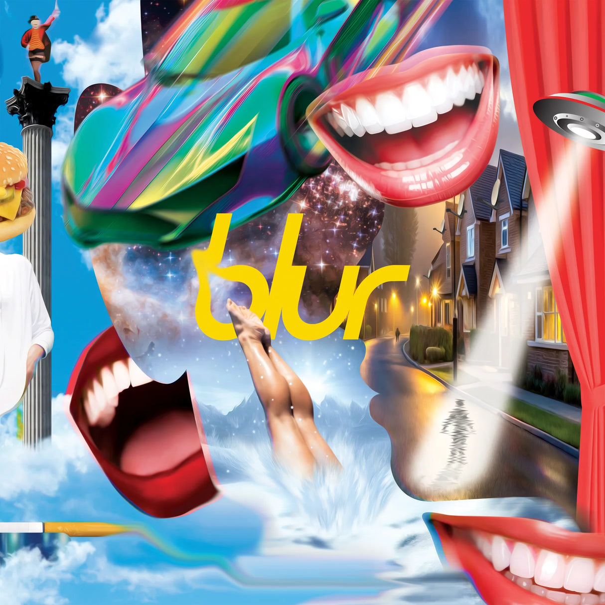 Colorful advertisement with 'blur' text, mouths, and cityscape.