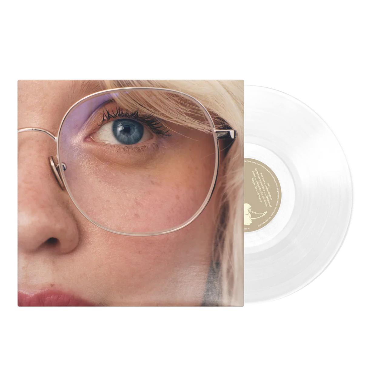 Vinyl record with a close-up of a person wearing glasses and a clear record.