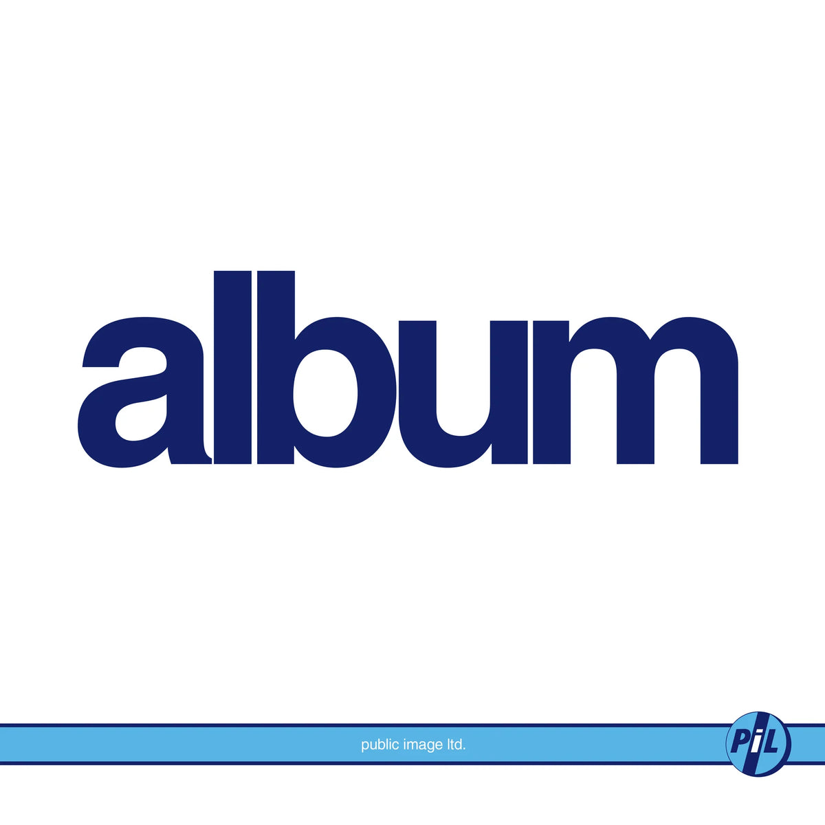 The word 'album' is shown in a bold dark blue sans-serif font centered on a white background, with a light blue horizontal bar along the bottom containing small text and a circular 'PIL' mark.