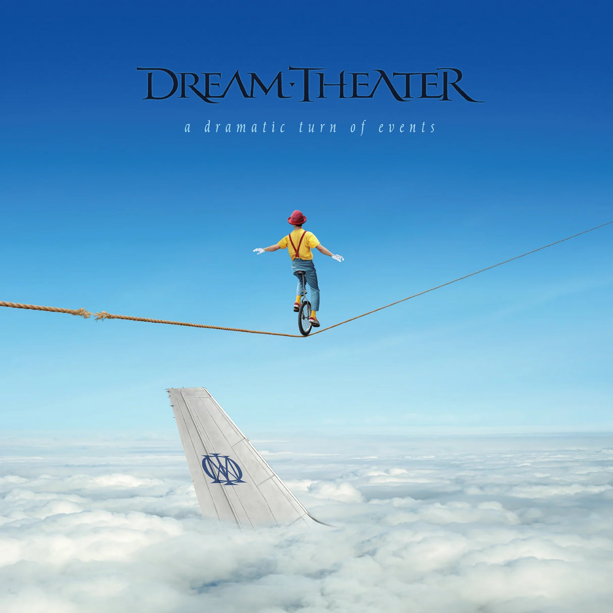 Album cover for Dream Theater's 'A Dramatic Turn of Events' with a person on a tightrope over an airplane wing.