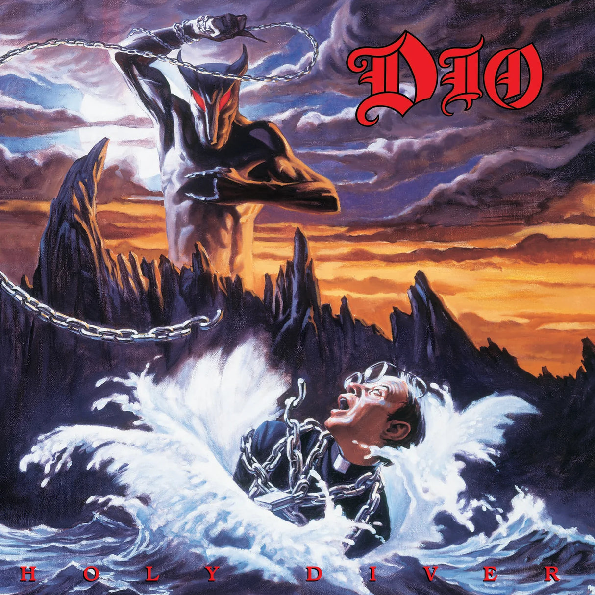 Album cover for 'Holy Diver' by Dio featuring a dramatic scene with a chained figure and a celestial being.