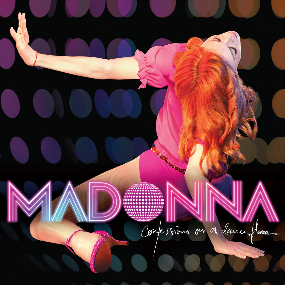 Album cover for 'Confessions on a Dance Floor' by Madonna with a dancer in a pink outfit against a colorful dot pattern background.