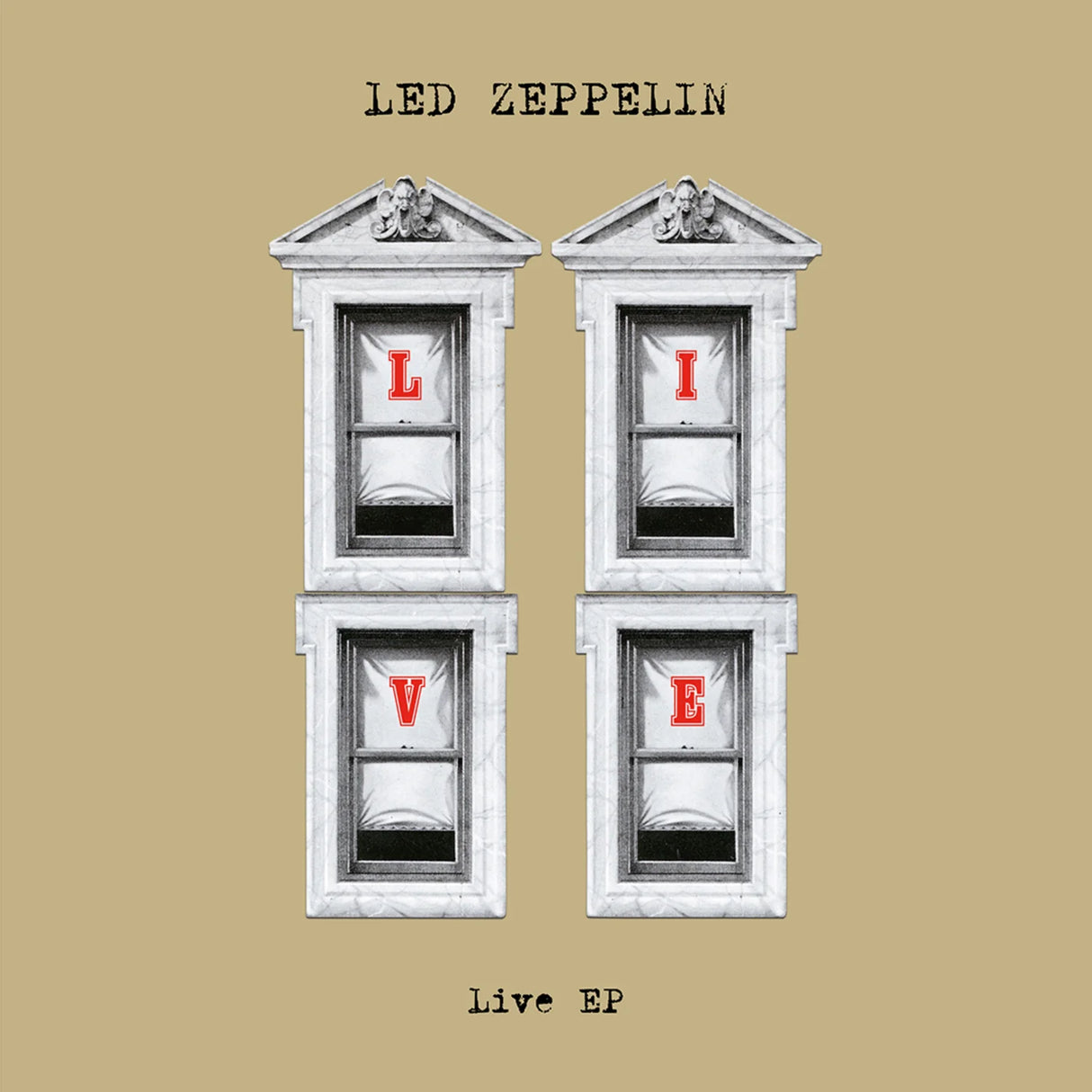 Album cover for Led Zeppelin Live EP with architectural design and 'LIVE' text on a beige background