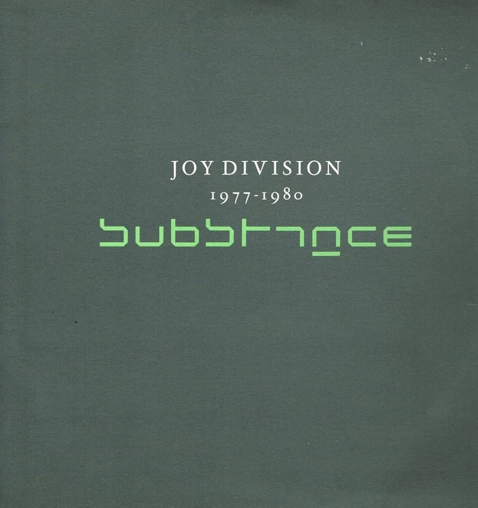 Album cover for Joy Division's 'Substance' with text on a dark green background