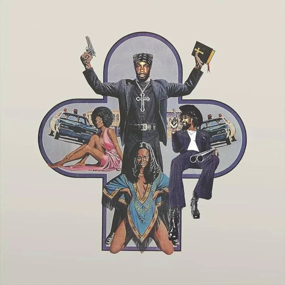 Album cover art featuring a colorful illustration of two characters in a car, with a man in the foreground holding a gun and wearing a cowboy hat.