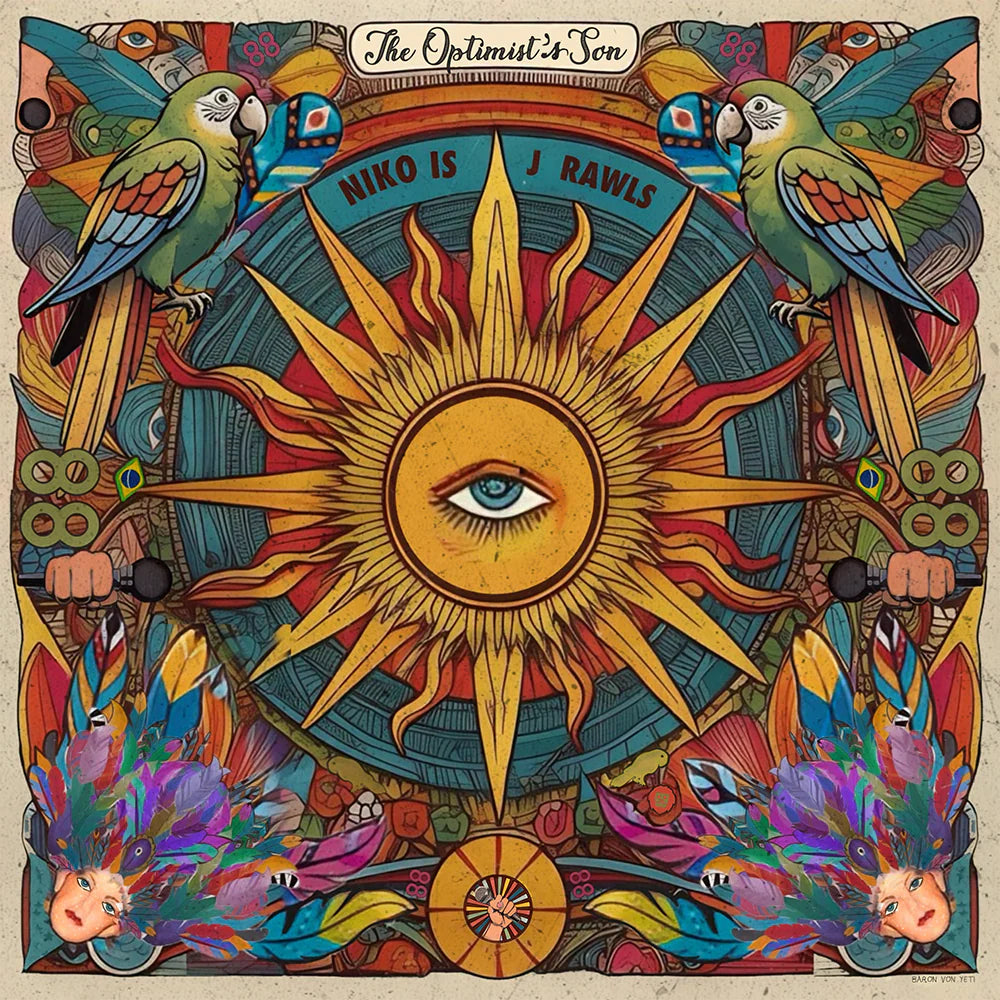 Colorful album cover with a sun, eyes, and parrots, featuring the text 'The Optimist's Son' and 'Niko is J Rawls'.