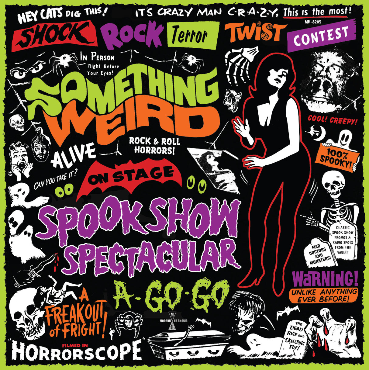 Album cover for 'Spook Show Spectacular' featuring a cartoonish illustration with various horror-themed elements like skulls, bats, and a woman in a black dress, with text and decor in vibrant colors.