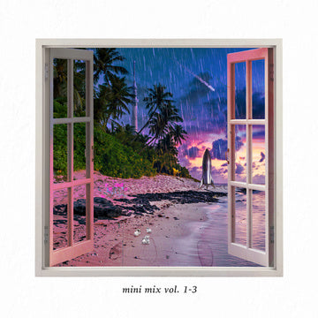 Framed artwork of a tropical beach scene with an open door, labeled 'mini mix vol. 1-3'.
