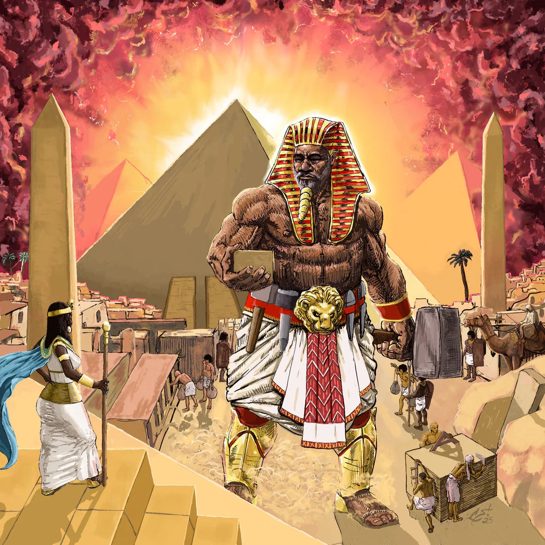 Illustration of a muscular figure in ancient Egyptian attire with pyramids and market scene in the background