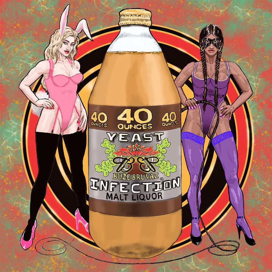 Bottle of 'Infection Malt Liquor' with cartoon women in bunny and slutty outfits on a colorful background