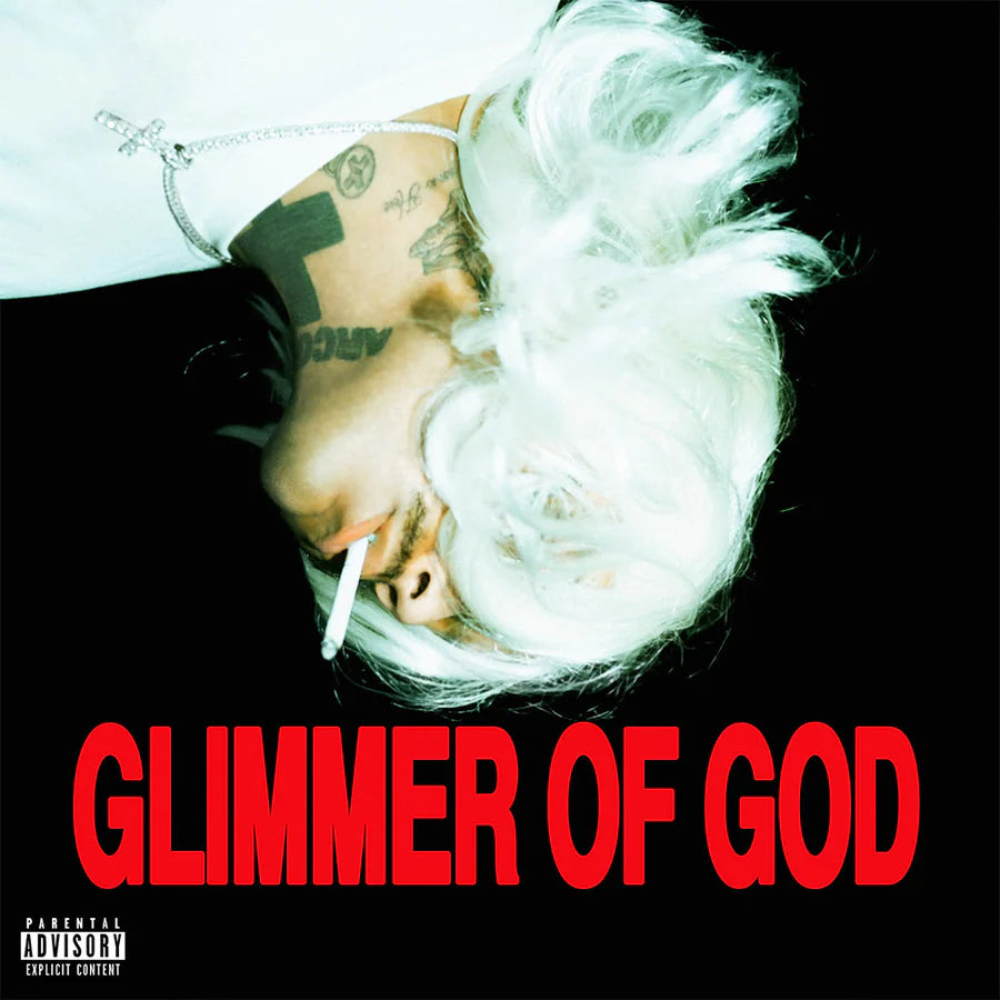Person with white hair and tattoos, smoking a cigarette, with 'Glimmer of God' text on a black background.
