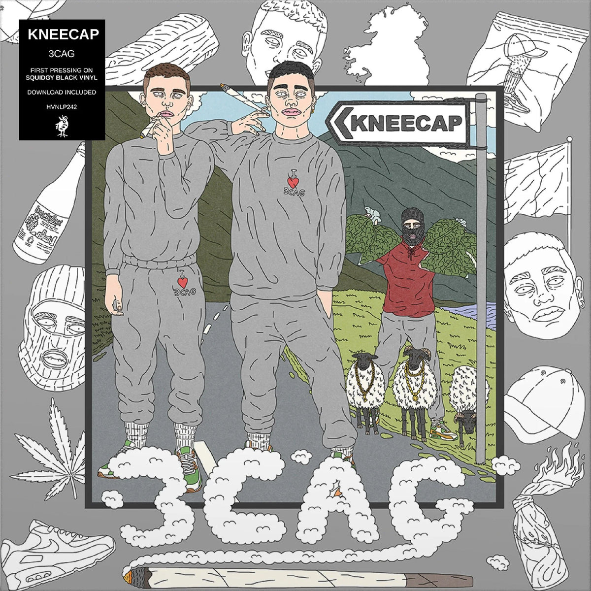 Kneecap 3CAG first pressing vinyl single cover art featuring two illustrated men in gray sweatsuits, with a smaller figure in a red hoodie and sheep in the background, surrounded by hand-drawn doodles and text on a gray field.