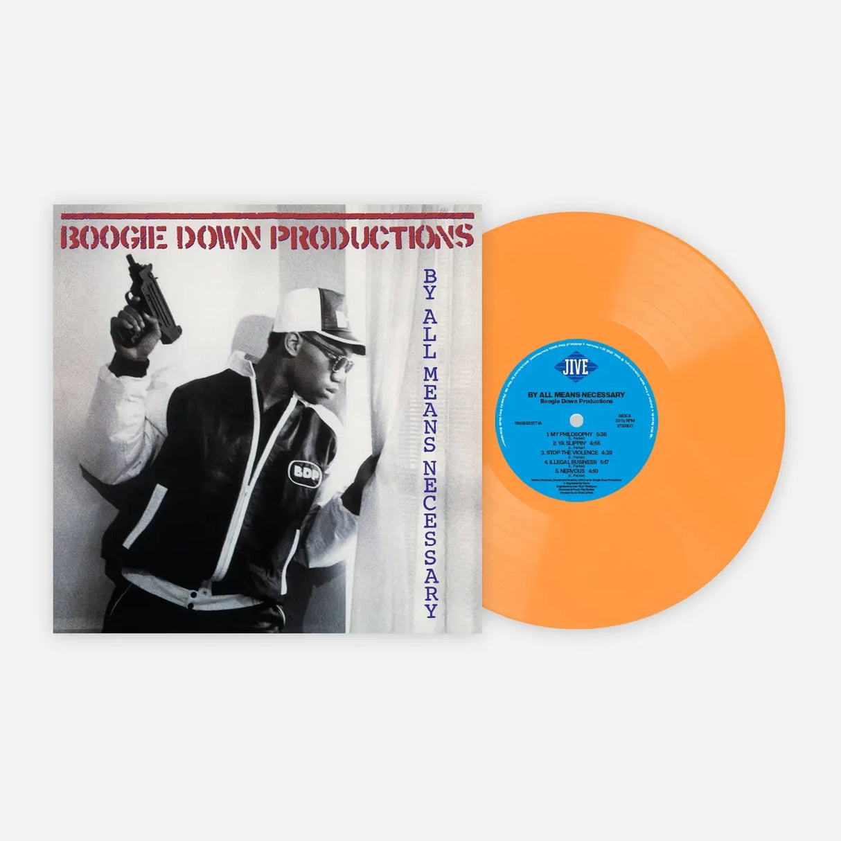 Orange vinyl record with 'Boogie Down Productions' album cover on a white background