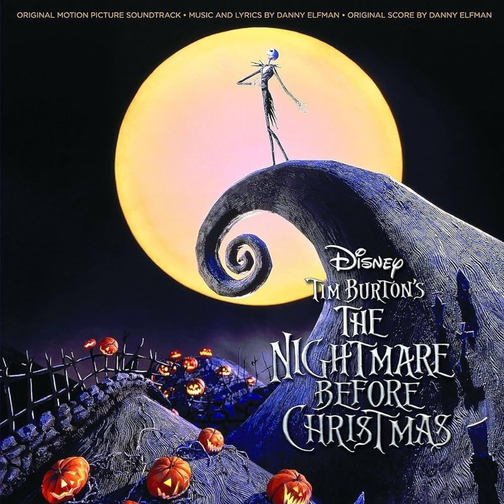 Album cover for 'The Nightmare Before Christmas' with a moon, pumpkins, and characters from the movie.