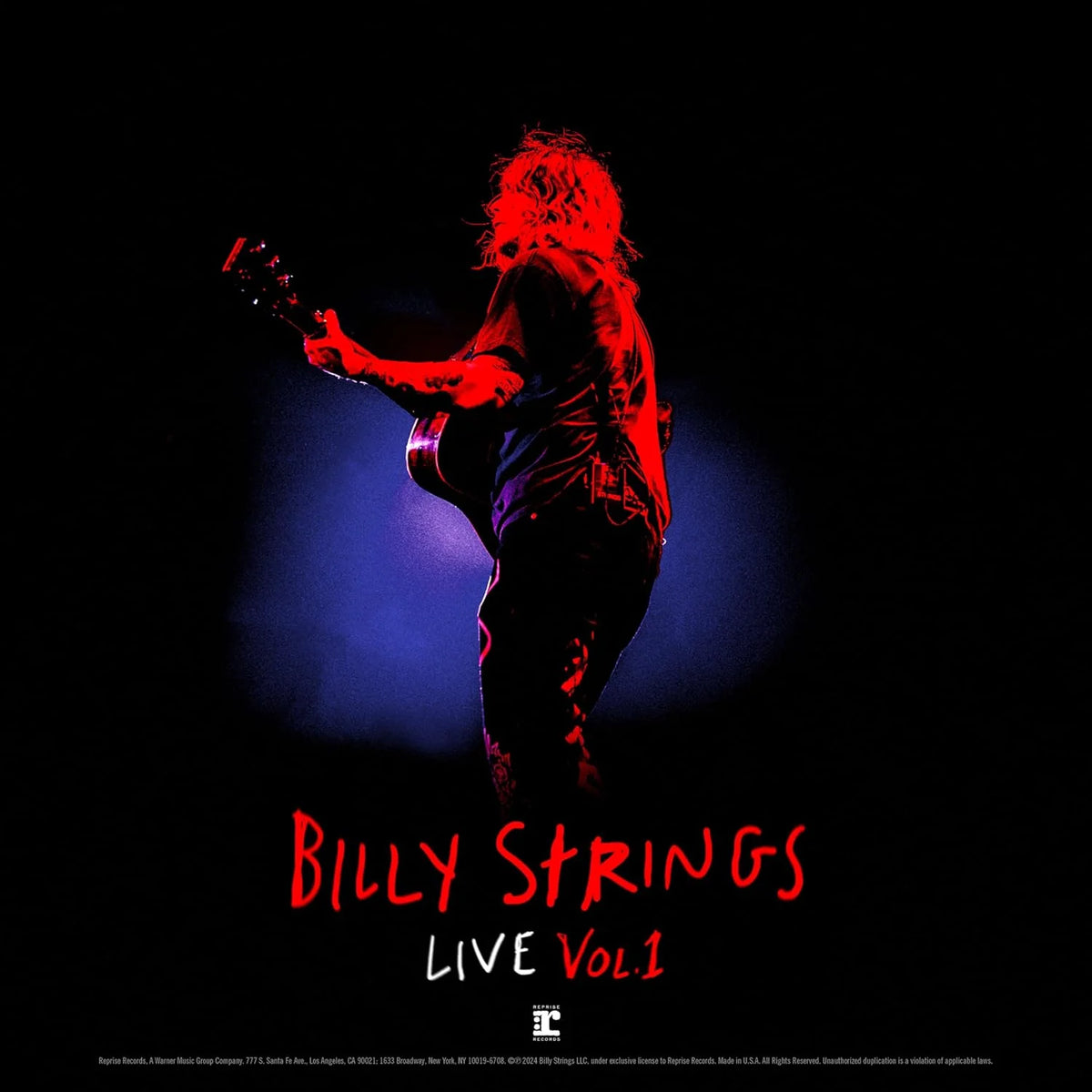 Album cover for 'Billy Strings Live Vol. 1' with a silhouette of a person playing guitar against a dark background.