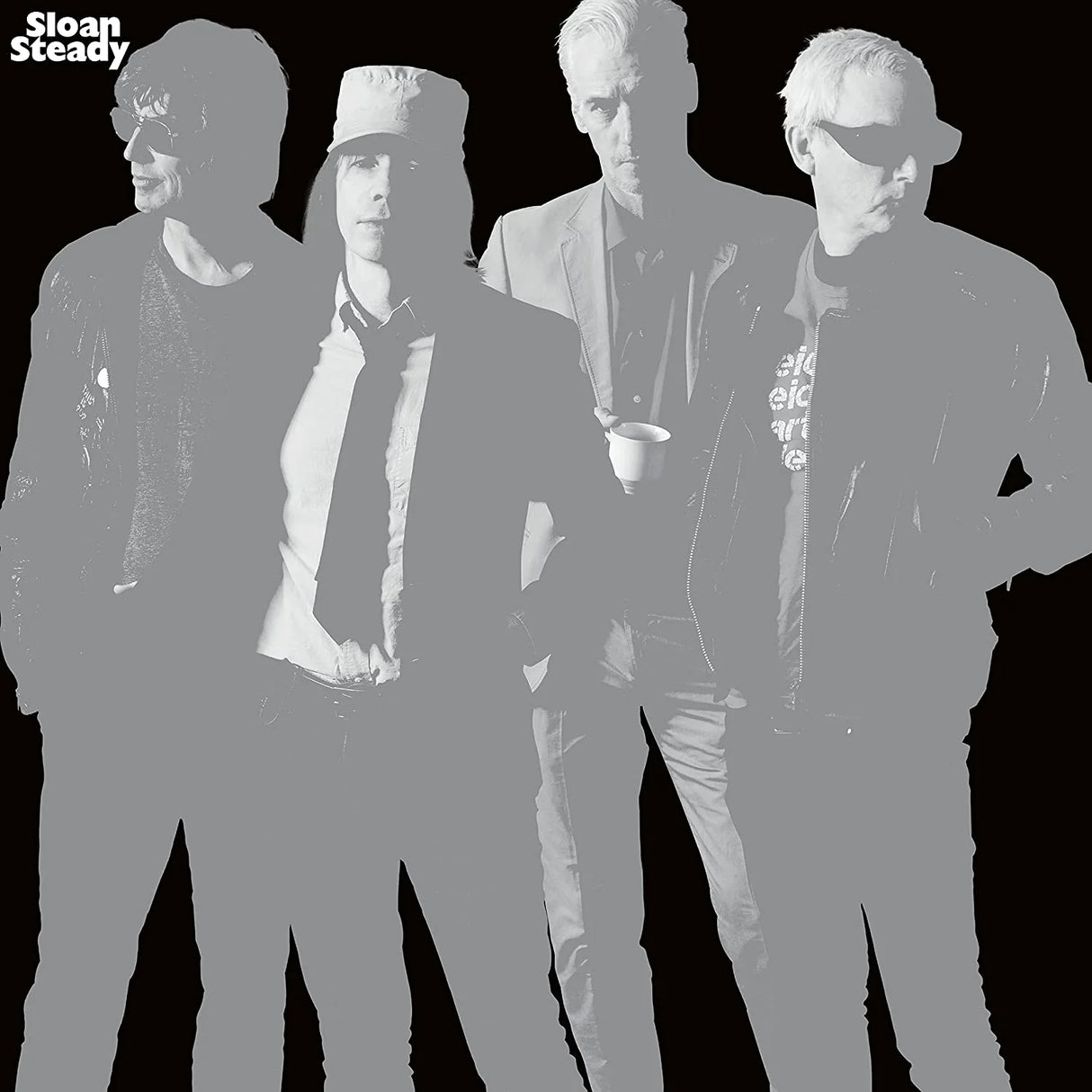 Black and white silhouette of four people standing together with 'Sloan Steady' logo.