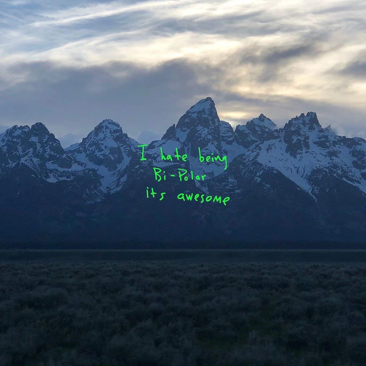Snowy mountain range with green text 'I hate being Bi-Polar it's awesome' against a dark sky.