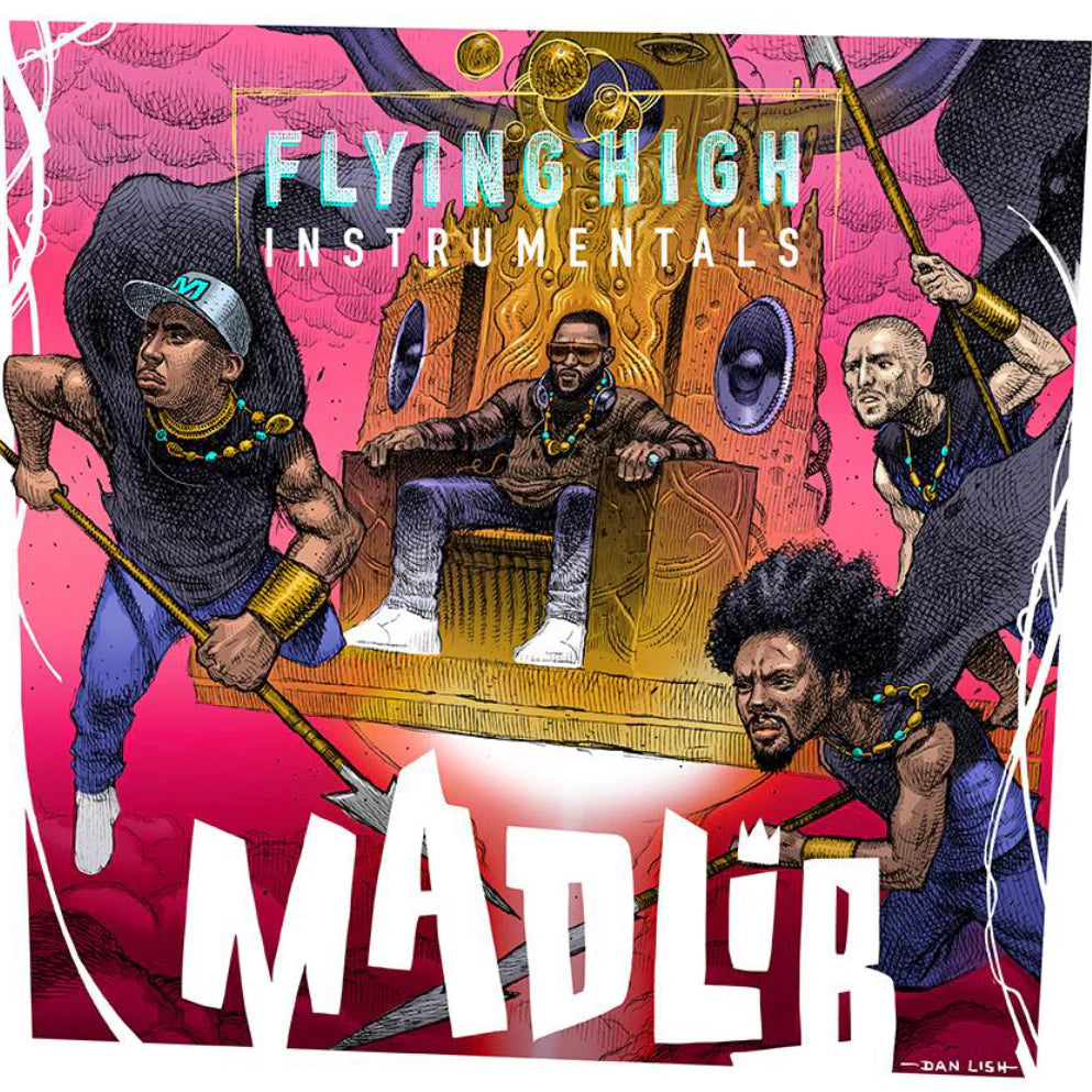 Album cover for 'Flying High Instrumentals' by Madlib with four individuals around a central figure on a pink background.