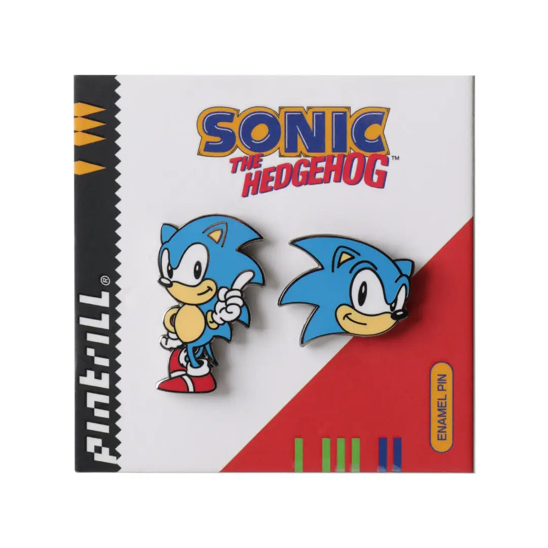 Two enamel pins of Sonic the Hedgehog on a branded card with 'Sonic the Hedgehog' logo.