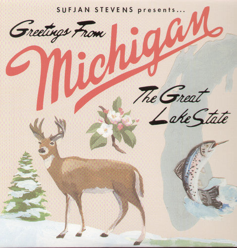 Album cover for Sufjan Stevens - Michigan LP featuring a graphic of a deer, a fish, and a tree with text greetings from Michigan - The Great Lakes State.