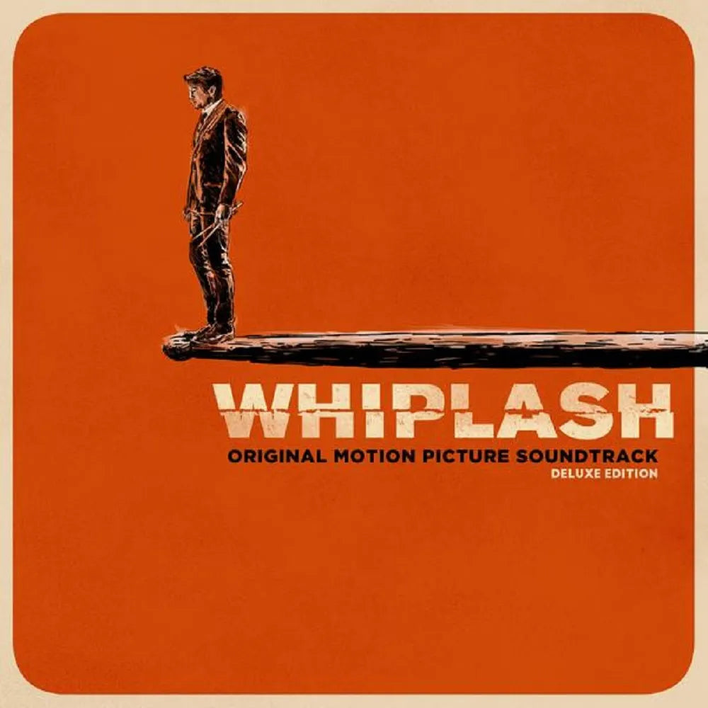 Album cover for 'Whiplash' original motion picture soundtrack with a person standing on a ledge.