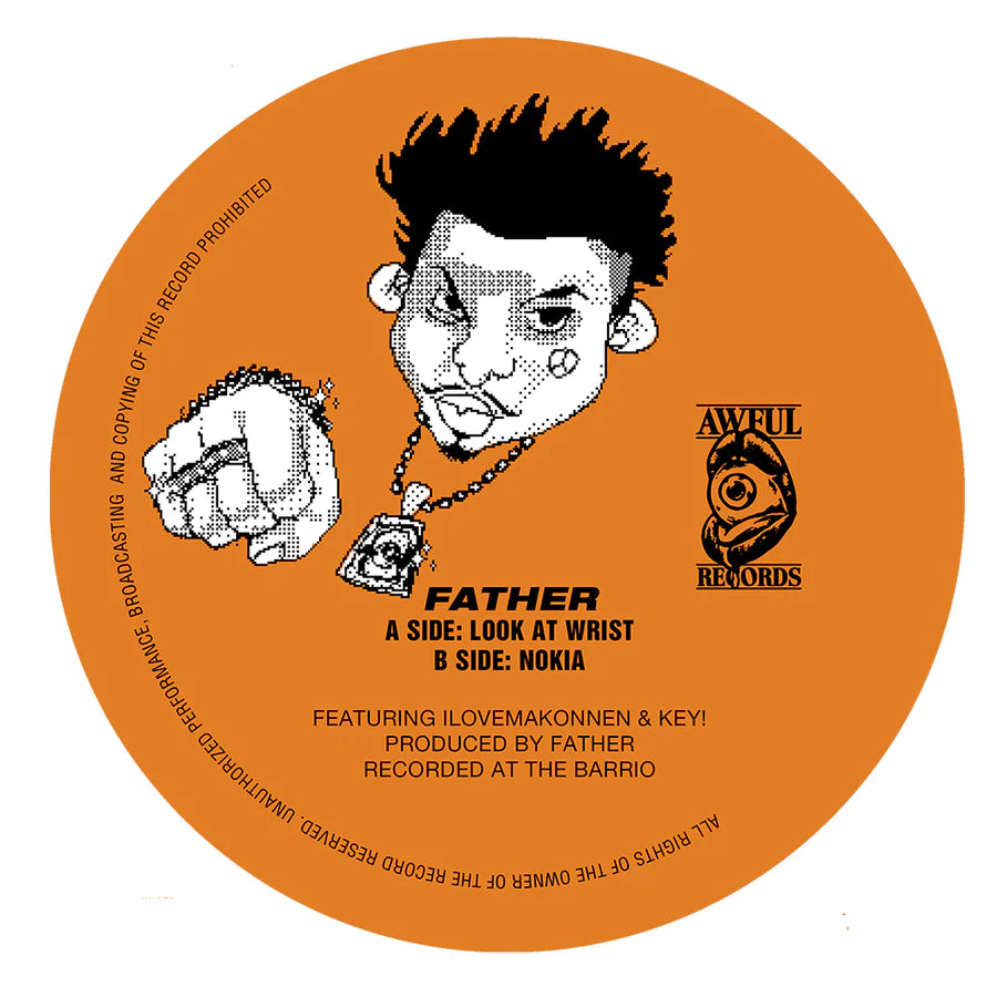 Vinyl record label with a stylized illustration of a person, text, and logos on an orange background.