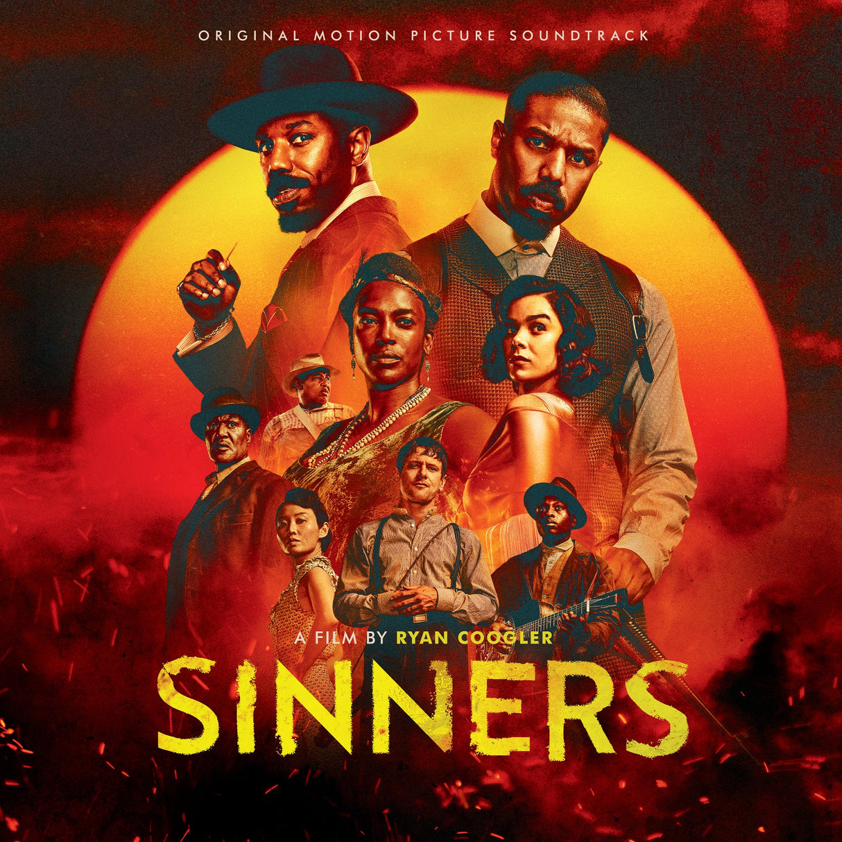 Album cover for 'Sinners' motion picture soundtrack with characters and a fiery background.