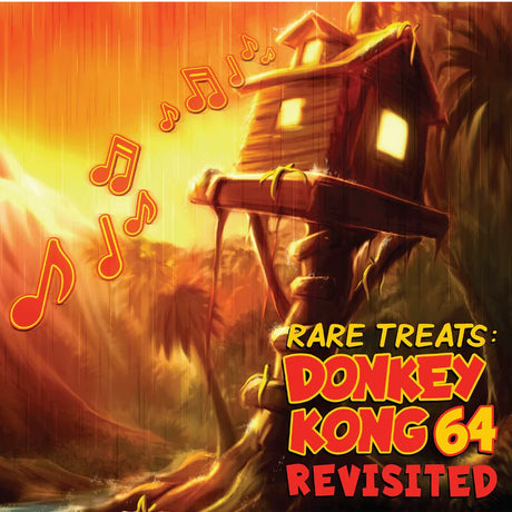 Donkey Kong 64 character with music notes and text overlay on a warm-toned background