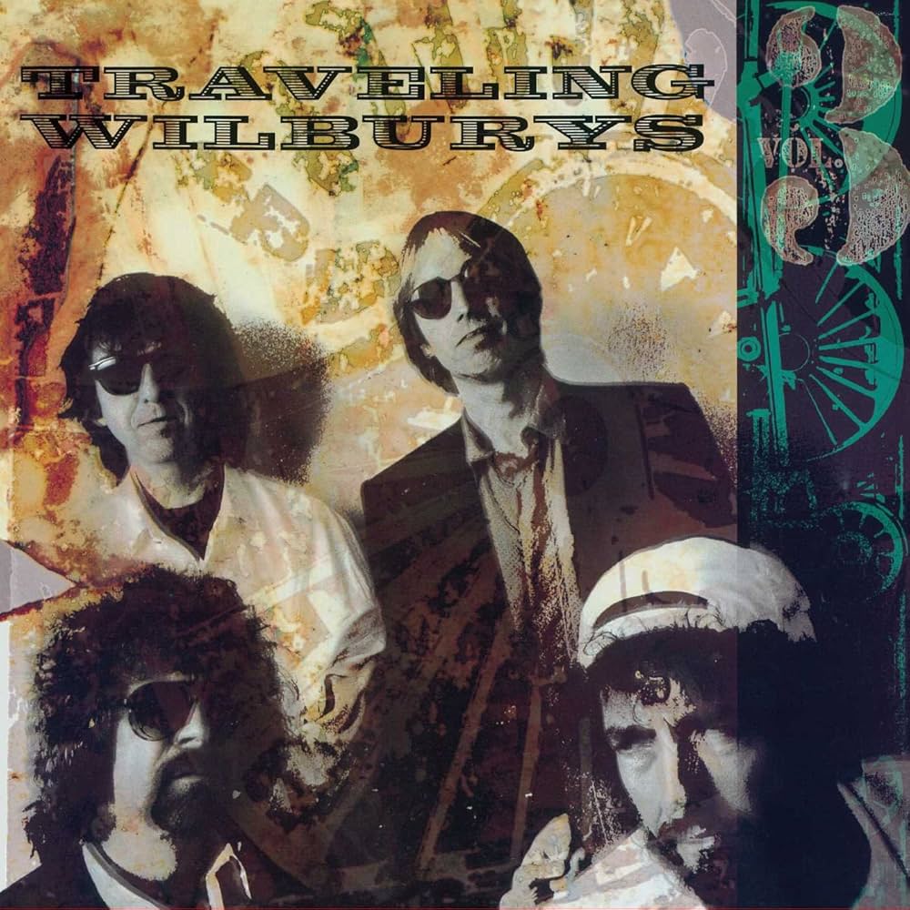 Album cover of 'Traveling Wilburys' with four band members and a vintage design.
