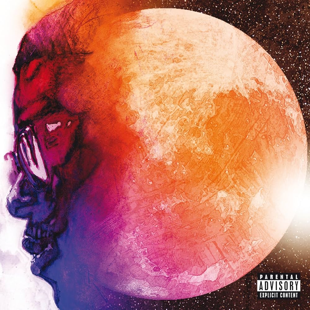 Album cover with a stylized face and colorful planet-like design, featuring a 'Parental Advisory' label.