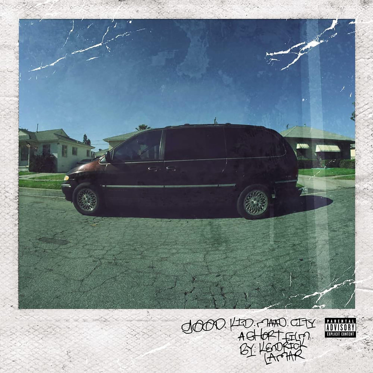 Black SUV parked on a street with a cracked glass effect overlay