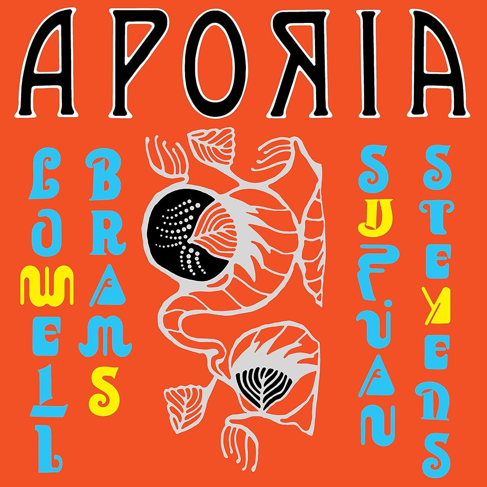 Book cover of 'Aporia' with stylized text and abstract designs on an orange background