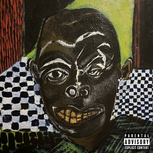 Artistic depiction of a face with a checkered pattern and 'Parental Advisory' label.
