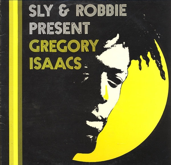 Album cover with text 'Sly & Robbie Present Gregory Isaacs' and a silhouette of a person with a yellow crescent moon.