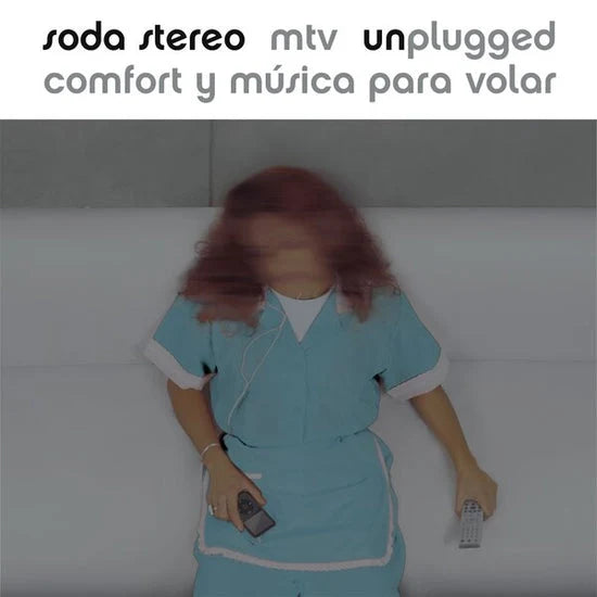 Album cover for 'comfort y música para volar' by soda stereo and MTV Unplugged, featuring a blurred figure of a woman in a light blue scrub top against a white background.