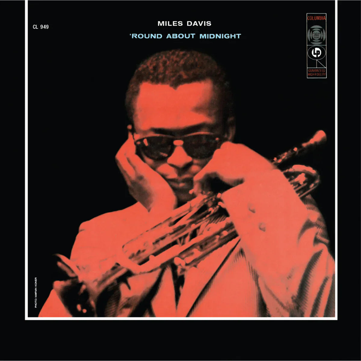 Album cover of 'Round About Midnight' by Miles Davis with a stylized depiction of a musician playing a trumpet.