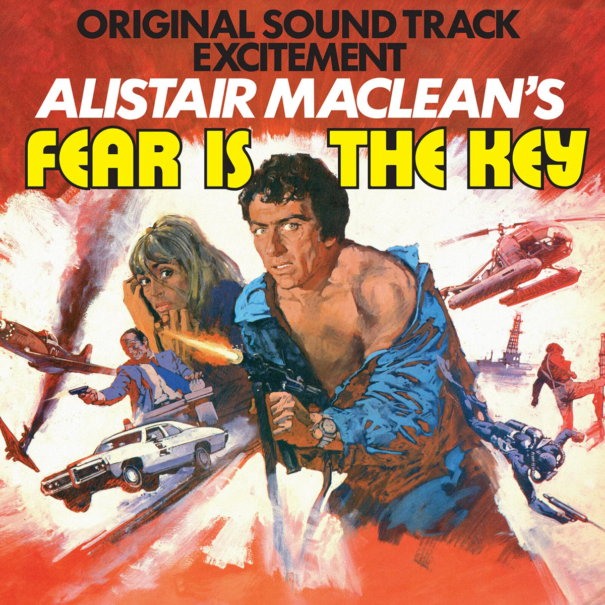 Vintage album cover for 'Fear Is The Key' by Alistair MacLean with action scene and text.