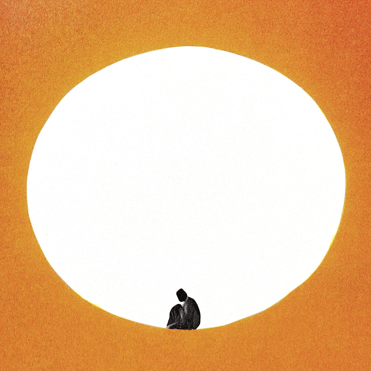 Person sitting inside a large white circle on an orange background
