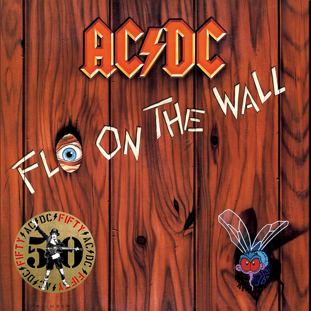 AC/DC album cover with wooden texture, eye, and fly illustration.