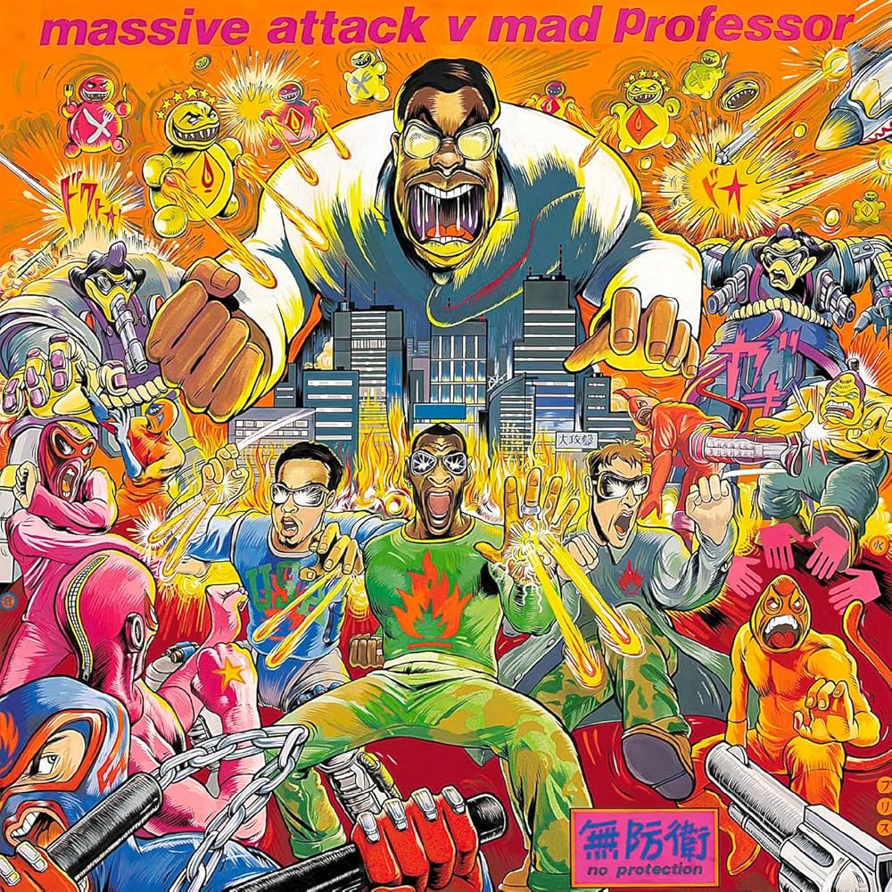 Colorful album cover with characters and text, featuring a prominent figure in the center.