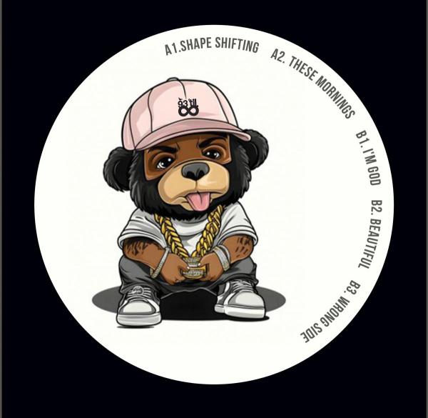Vinyl record with a cartoon bear character wearing a pink cap and gold chain on a black background.