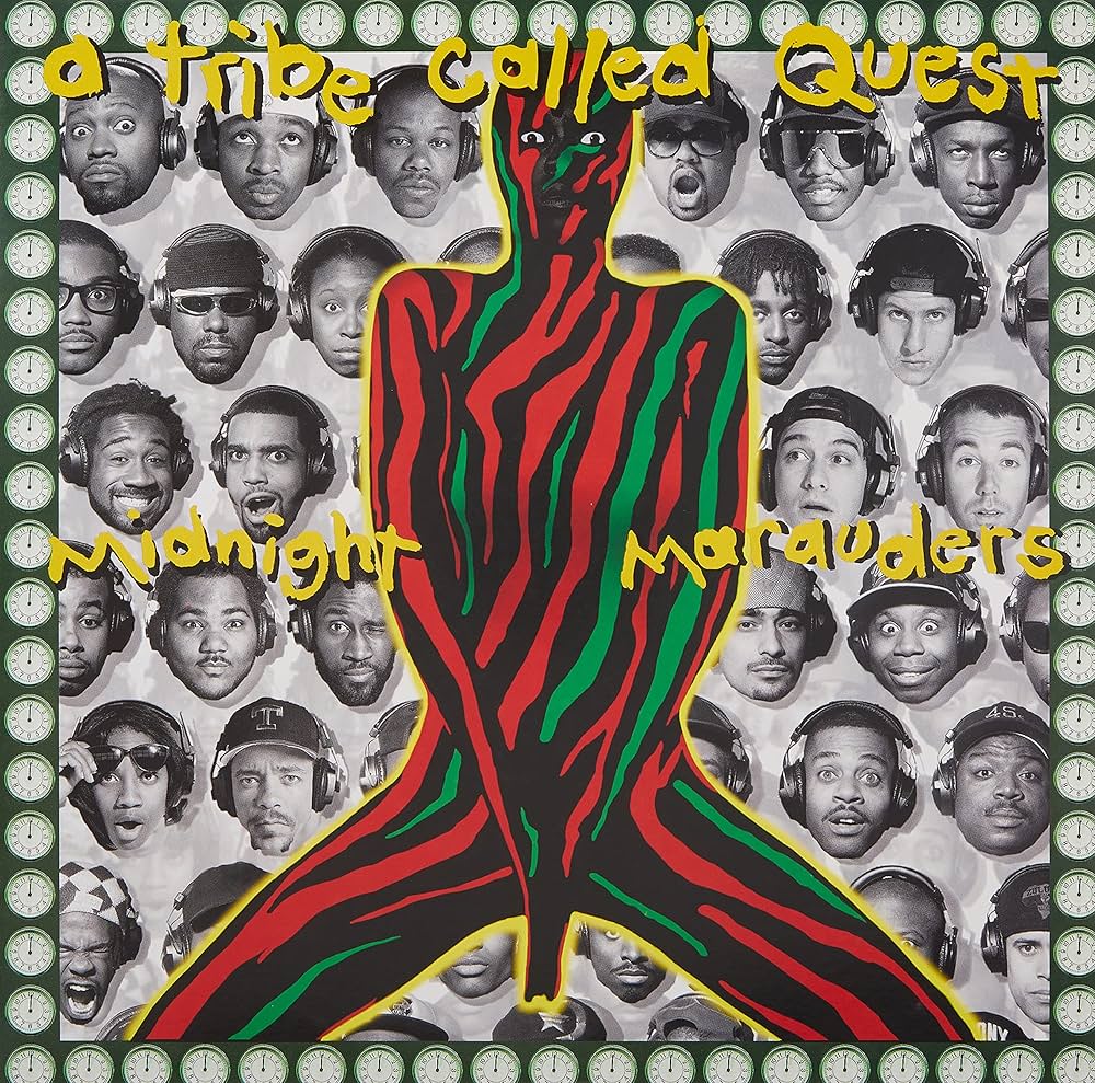 Album cover with a colorful abstract figure and text 'A Tribe Called Quest Midnight Marauders' on a patterned background.