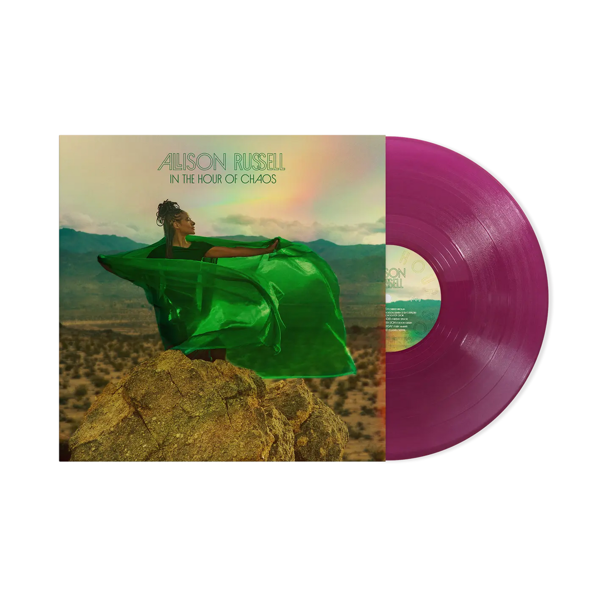 Vinyl record with a colorful cover featuring a person in a green outfit against a mountainous landscape.