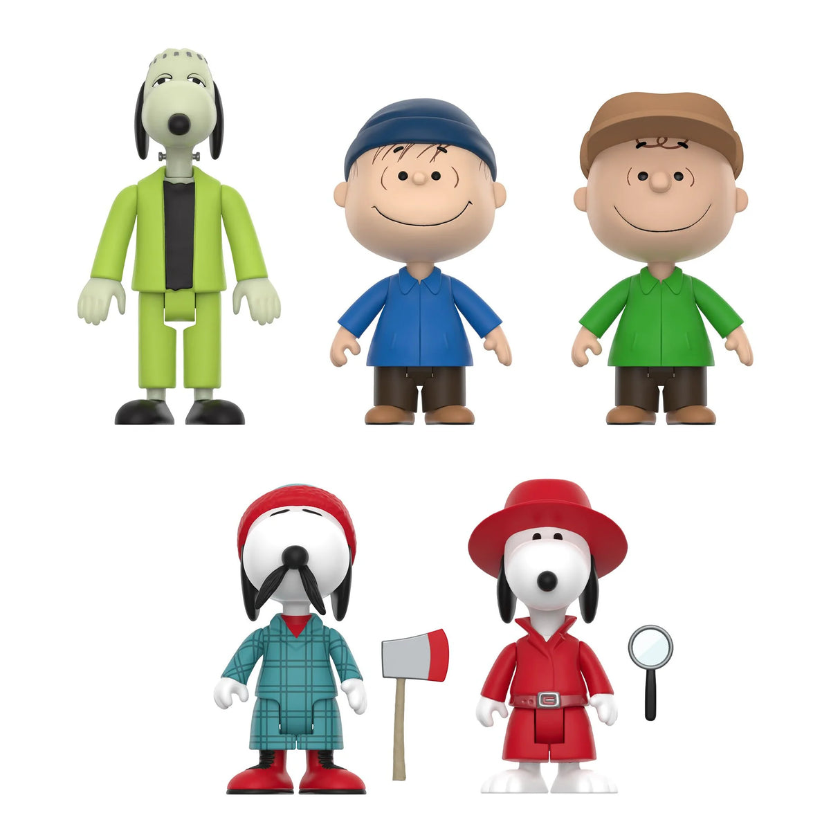 Set of five Peanuts character action figures on a white background